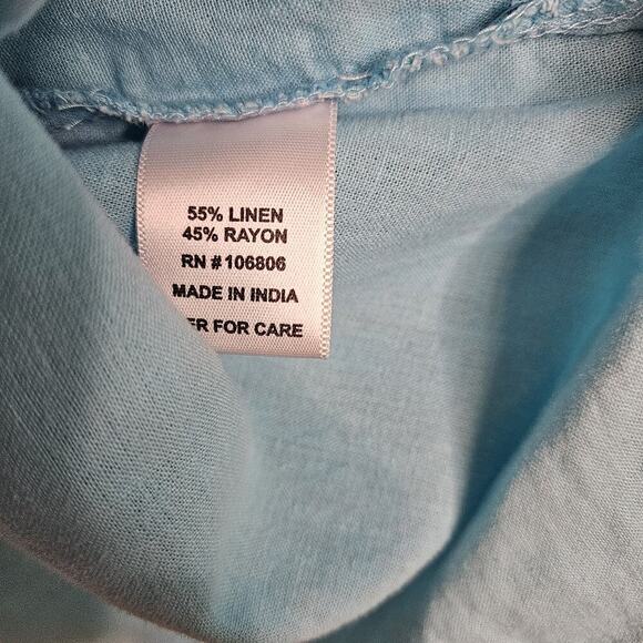 Emily Daniels Women's XL Blouse, Aqua Woven Linen Blend 3/4 Roll-tab Sleeves - Picture 11 of 12